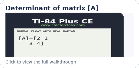 Animated TI-84 thumbnail showing the matrix determinant result 5 on the display.