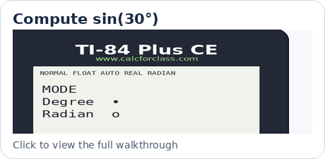 Animated TI-84 thumbnail showing the sine result 0.5 on the display.